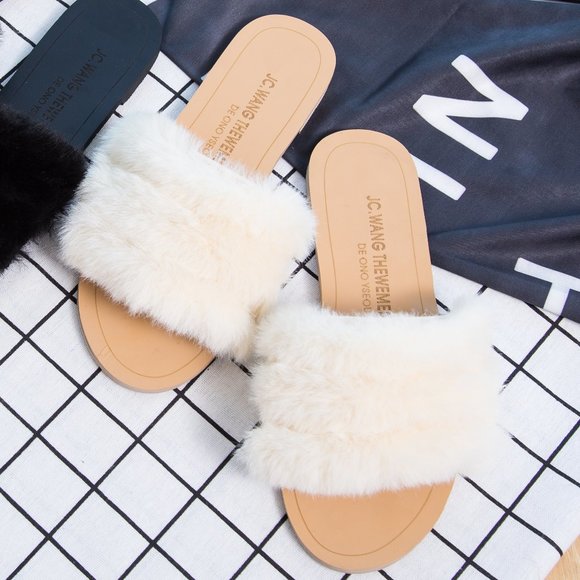 Banded Faux Fur Open Toe Slides/Slip-Ons, Ivory - Picture 2 of 3